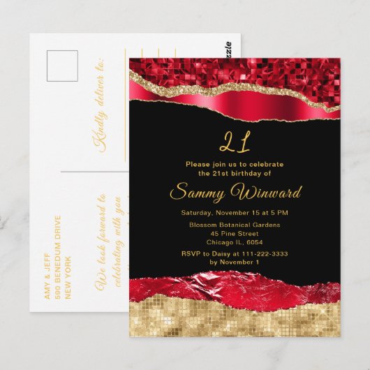 Rood en goud glamor tranen verjaardagsfeestje briefkaart (Voorkant / Achterkant)