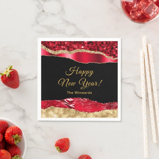 Rood en goud glamour vreugdevol nieuwjaar servet (Insitu)