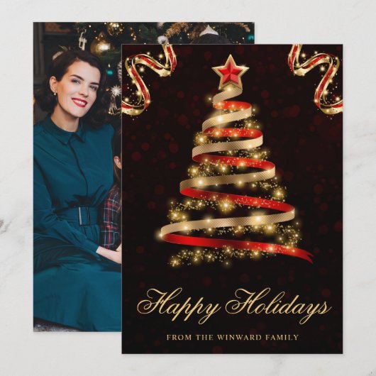 Rood en goud glinsterend lint boom Kerstmis Feestdagenkaart (Voorkant / Achterkant)