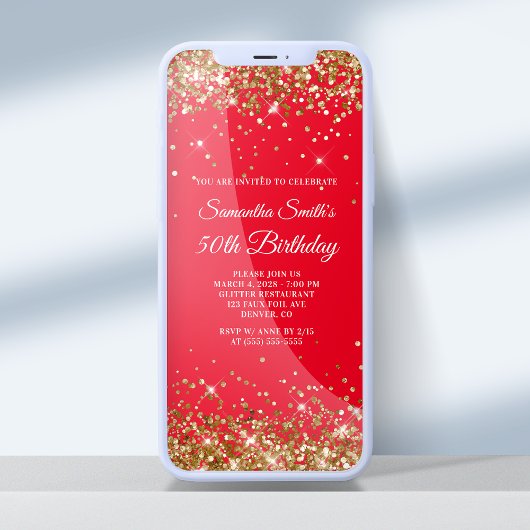 Rood en Goud Glitter 50e Verjaardag Kaart
