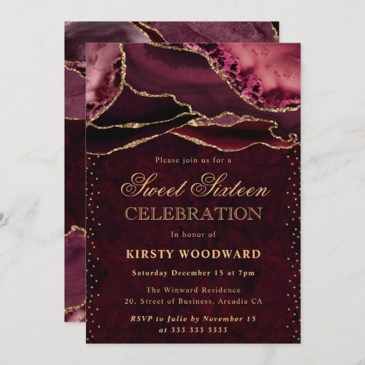 Rood en Goud Glitter Agaat Sweet 16 Kaart (Voorkant / Achterkant)