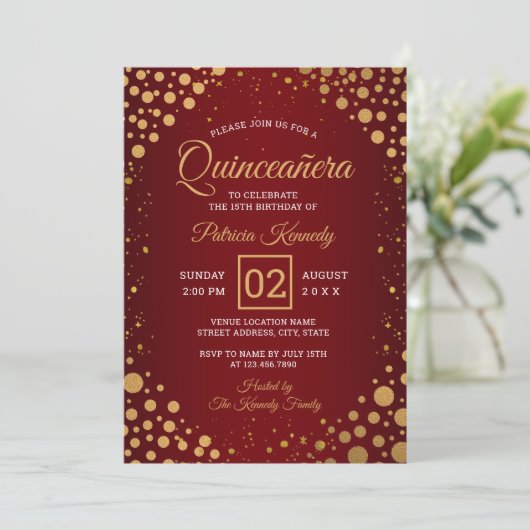 Rood en Goud Glitter Confetti Quinceanera Kaart (Staand voorkant)