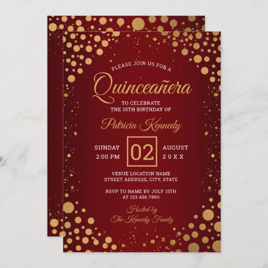 Rood en Goud Glitter Confetti Quinceanera Kaart (Voorkant / Achterkant)