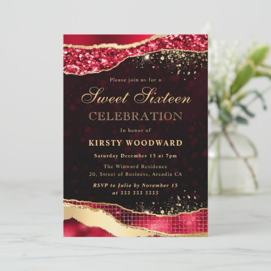Rood en goud Glitter Glam Tears Sweet Sixteen Kaart (Staand voorkant)