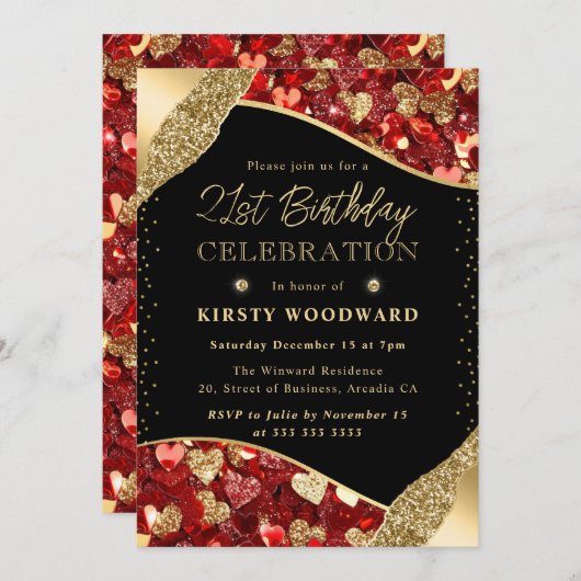 Rood en Goud Glitter Harten 21e Verjaardag Kaart (Voorkant / Achterkant)