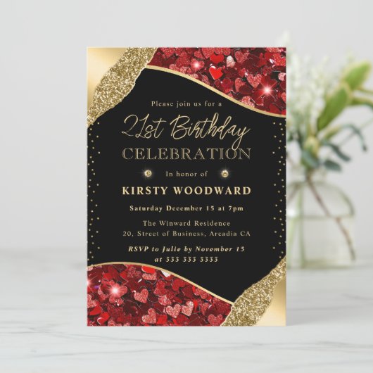 Rood en Goud Glitter Harten 21e Verjaardag Kaart (Staand voorkant)