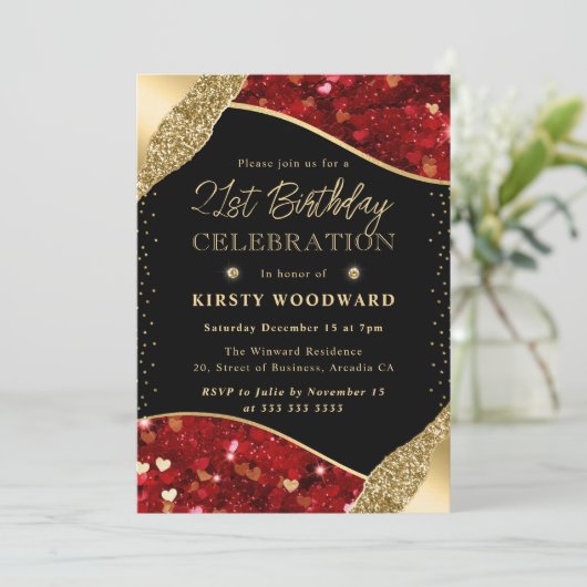 Rood en Goud Glitter Harten 21e Verjaardag Kaart (Staand voorkant)