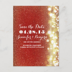 Rood en goud glitter lichtjes slaan de datum op aankondigingskaart