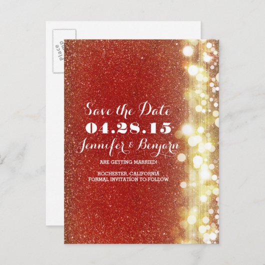 Rood en goud glitter lichtjes slaan de datum op aankondigingskaart (Voorkant / Achterkant)