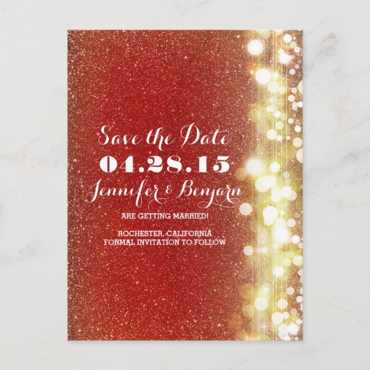 Rood en goud glitter lichtjes slaan de datum op aankondigingskaart (Voorkant)