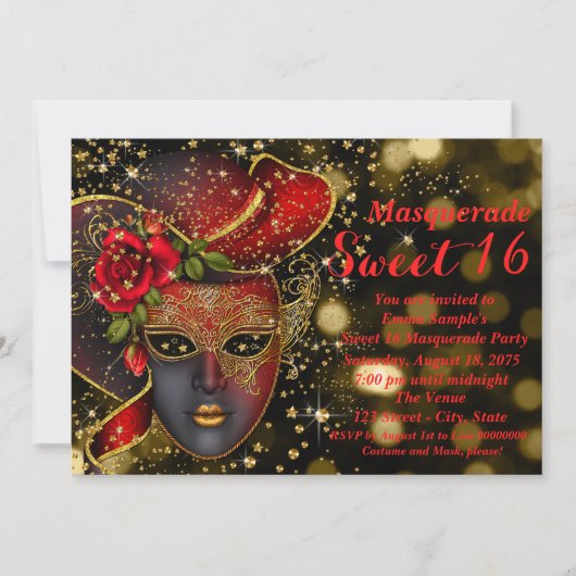 Rood en Goud Glitter Masquerade Party Kaart (Voorkant)