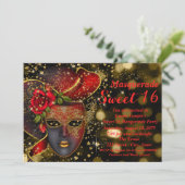 Rood en Goud Glitter Masquerade Party Kaart (Staand voorkant)
