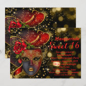 Rood en Goud Glitter Masquerade Party Kaart (Voorkant / Achterkant)