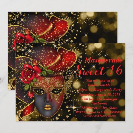 Rood en Goud Glitter Masquerade Party Kaart (Voorkant / Achterkant)