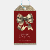 Rood en Goud Glitterde Boog Kerstmis Cadeaulabel (Voorkant)