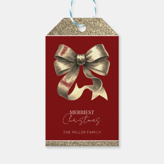 Rood en Goud Glitterde Boog Kerstmis Cadeaulabel (Voorkant)