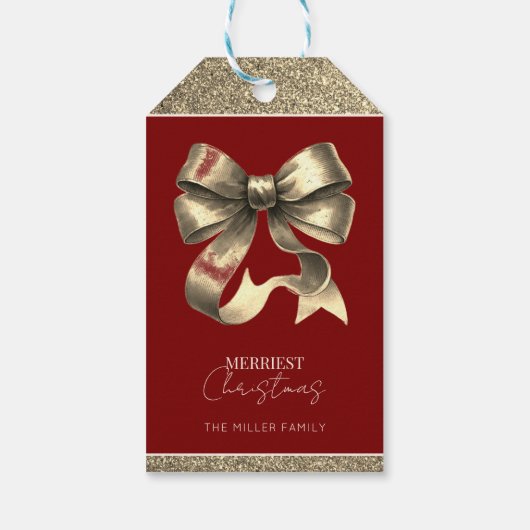 Rood en Goud Glitterde Boog Kerstmis Cadeaulabel (Achterkant)
