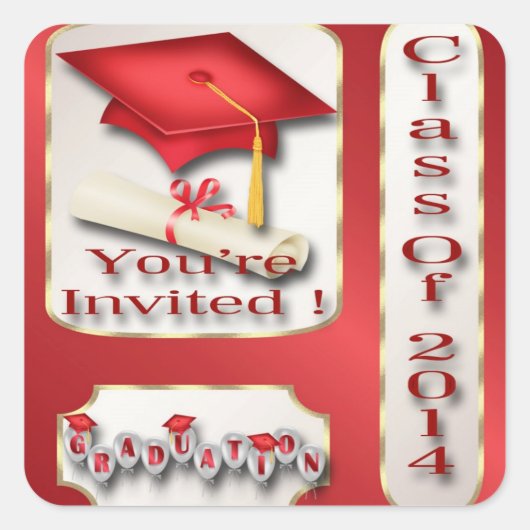 Rood en Goud Graduation Party Envelopzegel Vierkante Sticker (Voorkant)