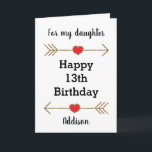 Rood en goud Happy 13th Birthday Daughter Kaart<br><div class="desc">Een dochter Happy 13th verjaardagskaart, die je gemakkelijk kunt personaliseren met haar naam. Beschikt over glitterpijlen met harten. Op deze 13e verjaardagskaart staat: "Ik hoop dat je weet hoe bijzonder je bent, niet alleen vandaag, maar elke dag. Je schittert en schittert als geen ander! Gefeliciteerd!" U kunt uw verjaardagsbericht ook...</div>