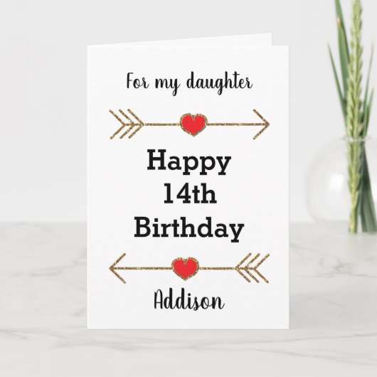 Rood en Goud Hart Dochter 14e verjaardag Kaart (Voorkant)