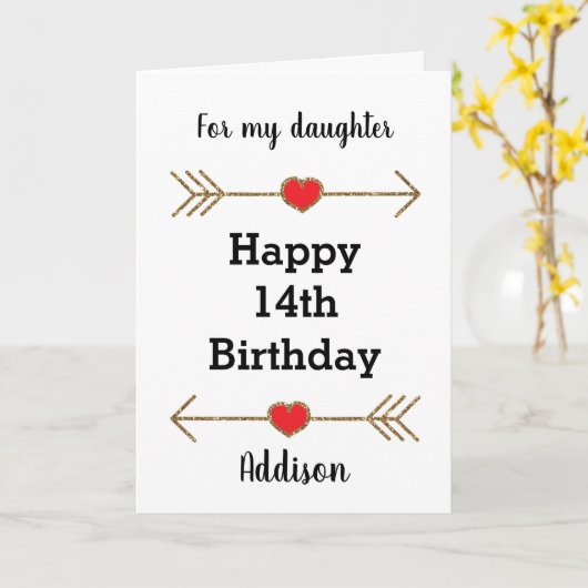 Rood en Goud Hart Dochter 14e verjaardag Kaart (Gele Bloem)