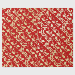 Rood en Goud Holly Kerstmis Verpakkend Document Cadeaupapier