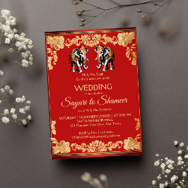 Rood en goud Indiase bruiloft olifanten sjabloon Kaart