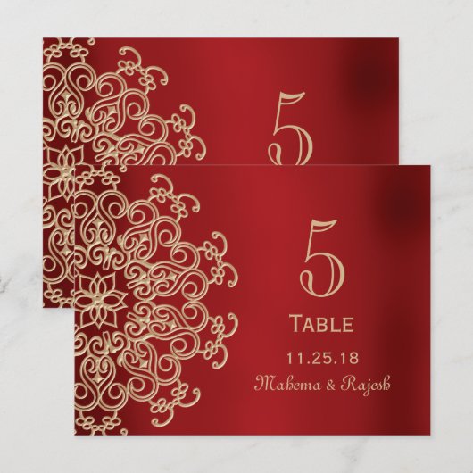 ROOD EN GOUD INDIASE TROUWTAFEL NUMMER KAART (Voorkant / Achterkant)