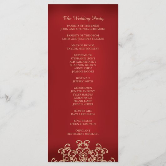 Rood en Goud Indisch Geïnspireerd Huwelijksprogram Programmakaart (Achterkant)