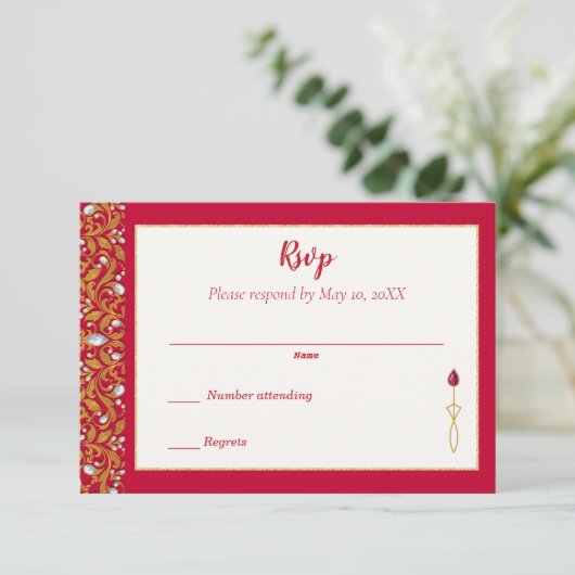 Rood en Goud Indisch Hindoe Bruiloft RSVP (Staand voorkant)
