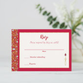 Rood en Goud Indisch Hindoe  Bruiloft RSVP Kaartje (Staand voorkant)