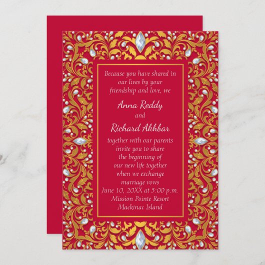 Rood en Goud Indische Hindoe Bruiloft Uitnodiging (Voorkant / Achterkant)