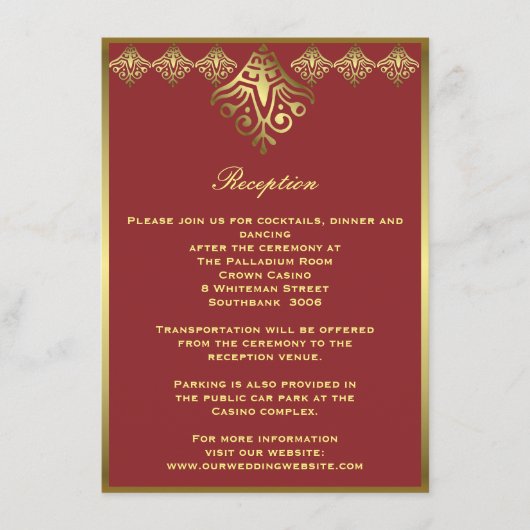 Rood en Goud Ingelijste Ornamentale Huwelijksrecep Informatiekaartje (Voorkant)