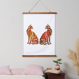 Rood en Goud Kat Paar Hangend Wandkleed
