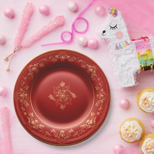 Rood en Goud Kerst Elegance Diner Papieren Bordje (Feest)