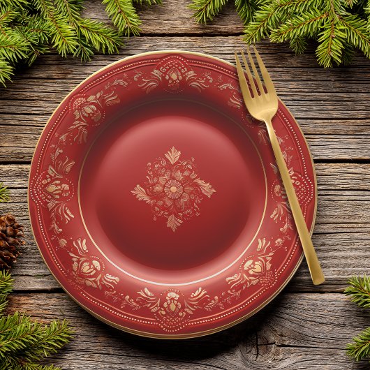 Rood en Goud Kerst Elegance Diner Papieren Bordje