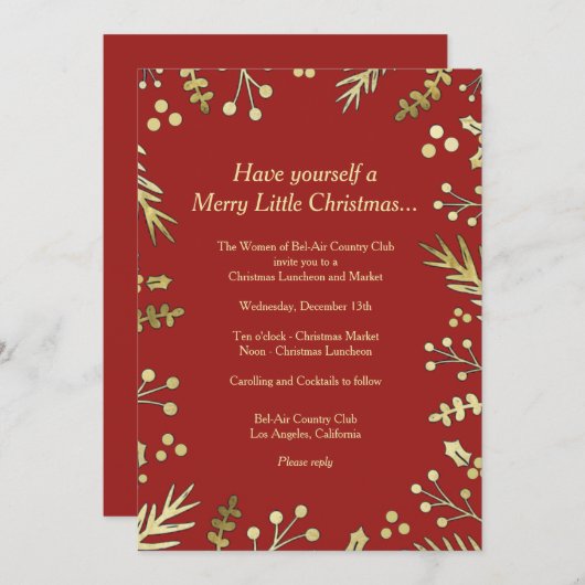 Rood en Goud Kerstfeest Uitnodiging Holly (Voorkant / Achterkant)