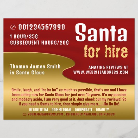 Rood en goud, kerstman entertainer Adverteren Flyer (Voorkant)