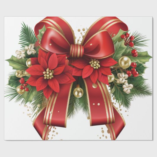 Rood en Goud Kerstmis Bow Feestelijk Cadeaupapier (Vlak)