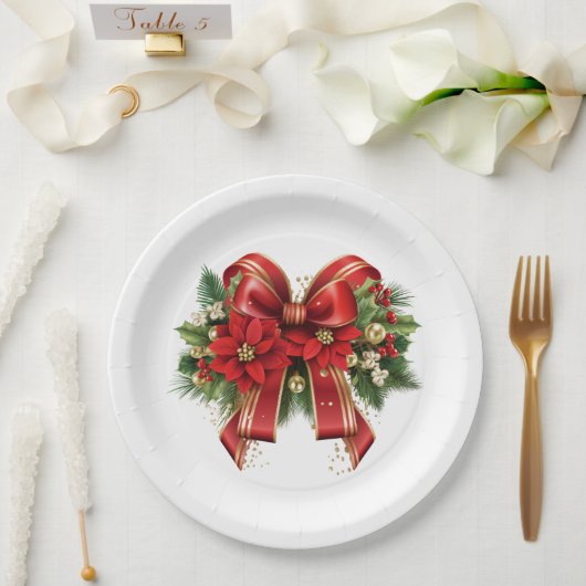 Rood en Goud Kerstmis Bow Feestelijk Papieren Bordje (Huwelijk)