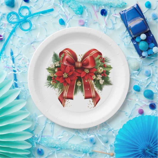 Rood en Goud Kerstmis Bow Feestelijk Papieren Bordje (Feest)