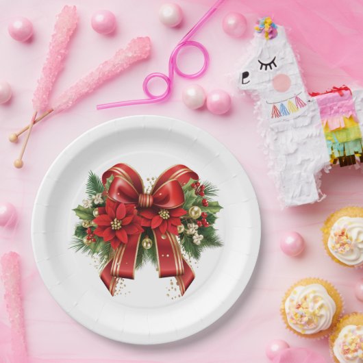 Rood en Goud Kerstmis Bow Feestelijk Papieren Bordje (Feest)