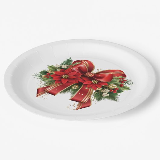 Rood en Goud Kerstmis Bow Feestelijk Papieren Bordje (Gekanteld)