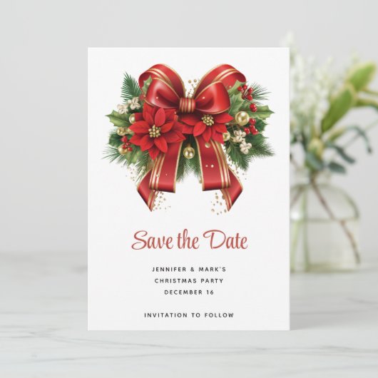 Rood en Goud Kerstmis Bow Feestelijk Save The Date (Staand voorkant)