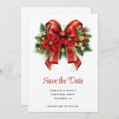 Rood en Goud Kerstmis Bow Feestelijk Save The Date (Voorkant / Achterkant)