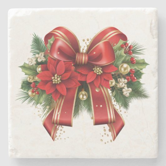 Rood en Goud Kerstmis Bow Feestelijk Stenen Onderzetter (Voorkant)