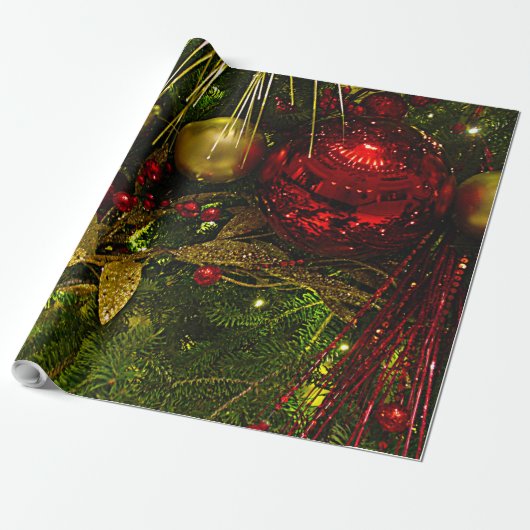 Rood en Goud Kerstmis Ornamenten Xmas Boom Lg Wrap Cadeaupapier (Uitgerold)