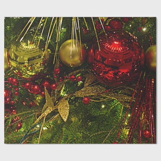 Rood en Goud Kerstmis Ornamenten Xmas Boom Lg Wrap Cadeaupapier (Vlak)