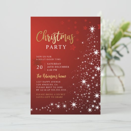 Rood en Goud Kerstmis Partij Sterren Boom Kaart (Staand voorkant)