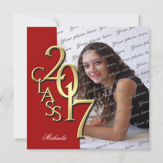 Rood en Goud Klasse van 2017 Foto Afstuderen Kaart (Voorkant)